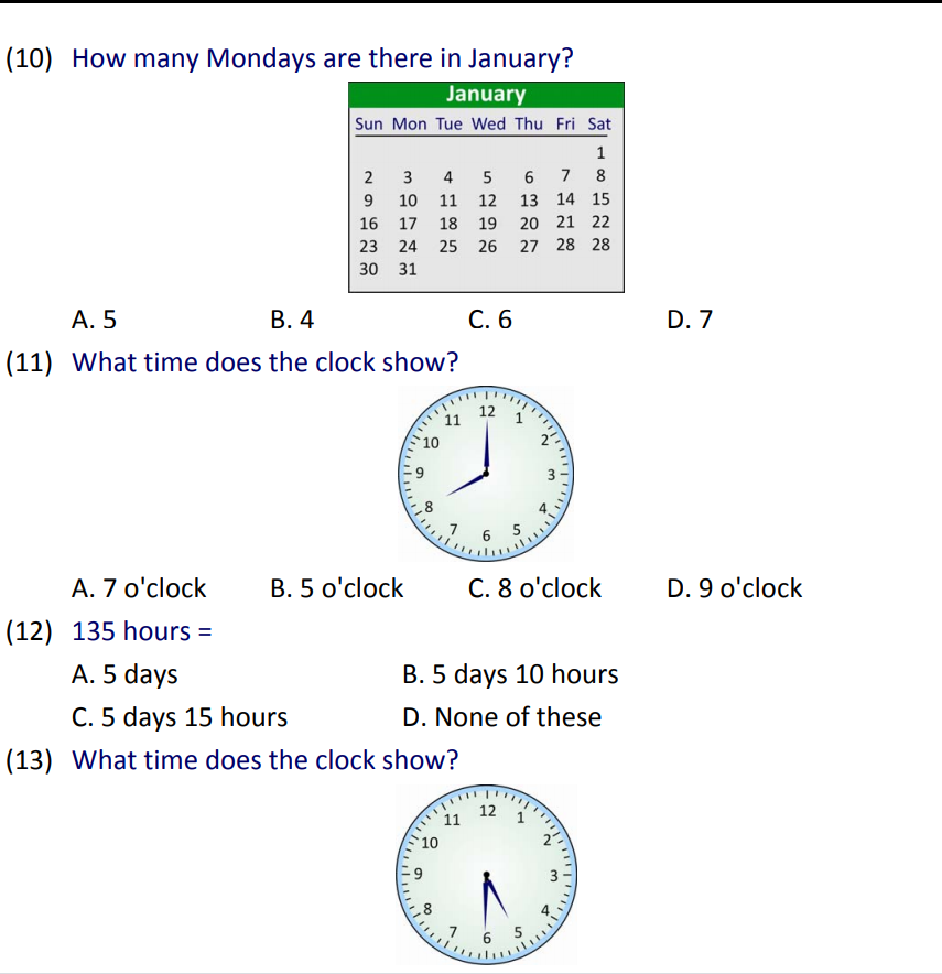 Free download MCQ worksheets on clocks and calendar